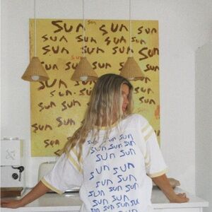 Bohème White Tee with Blue Graphic